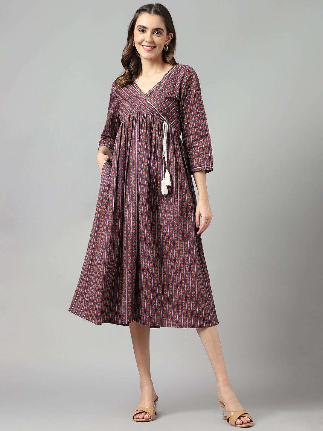 Purple Cotton Angrakha Style Pocket Dress