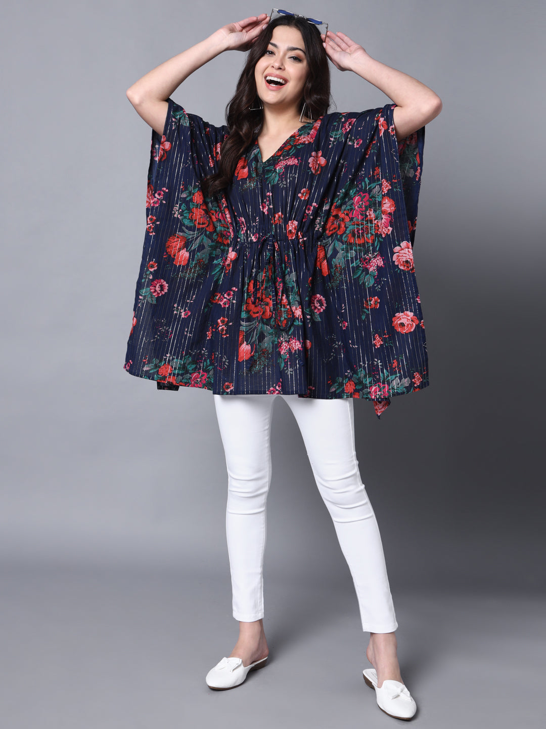Womens'S Cotton Lurex Blue Printed Kaftaan Top