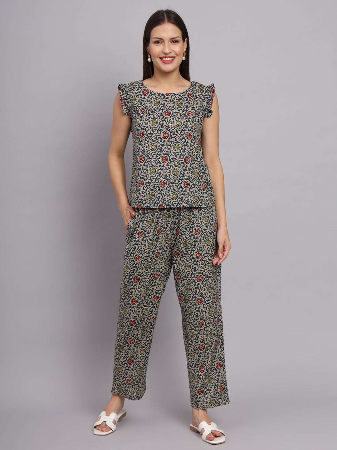 Dark Blue Cotton Print Top & Pant Co-Ord Set