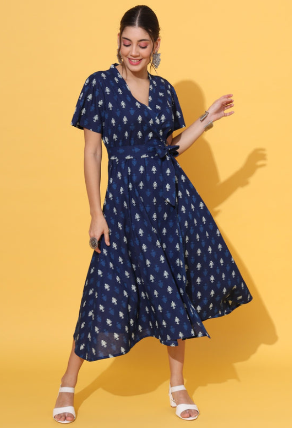 A-line Indigo Wrap Dress Decked Up A-line Indigo Wrap Dress Decked Up