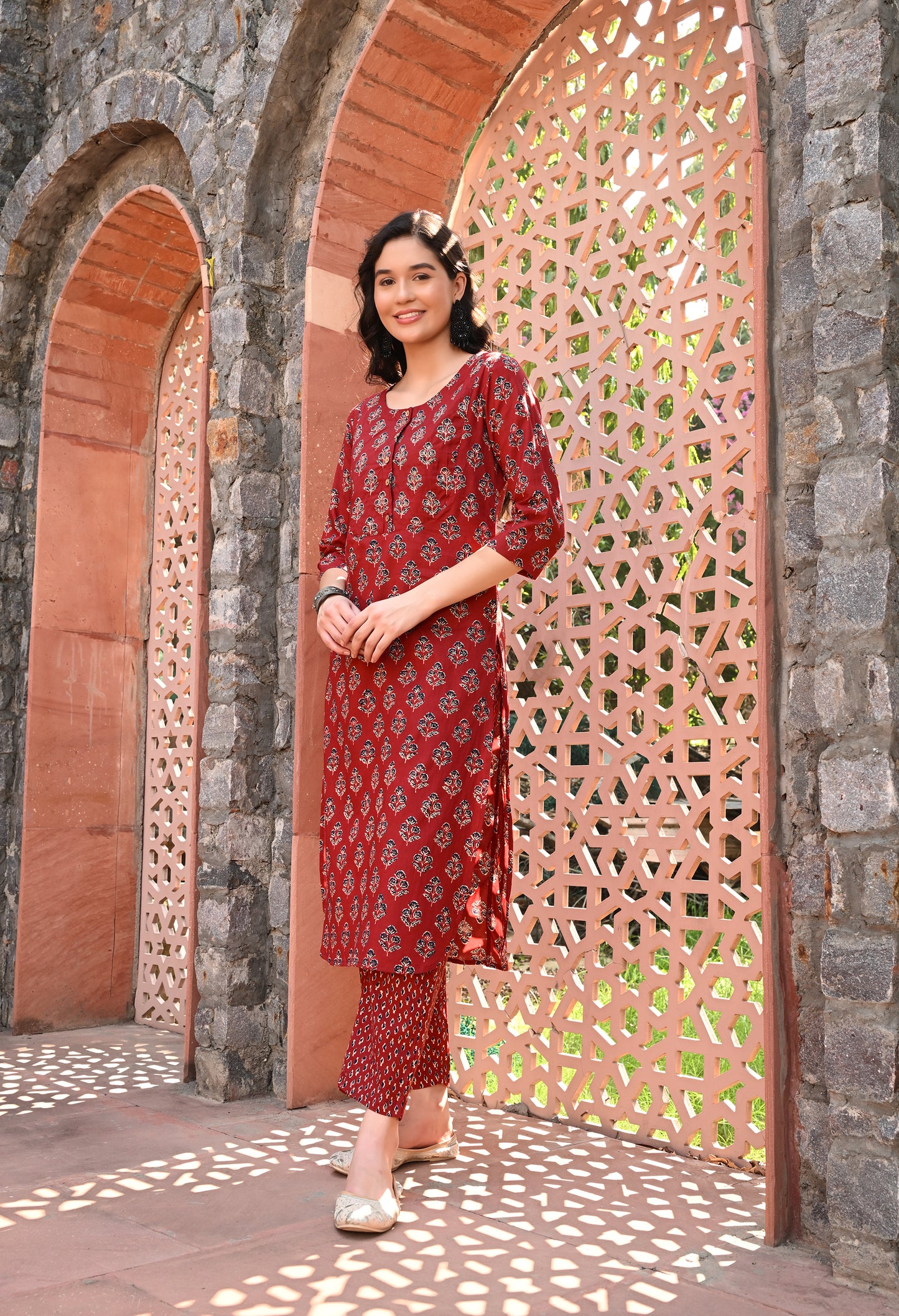 Maroon Embroidered A-line Kurta Pant Set