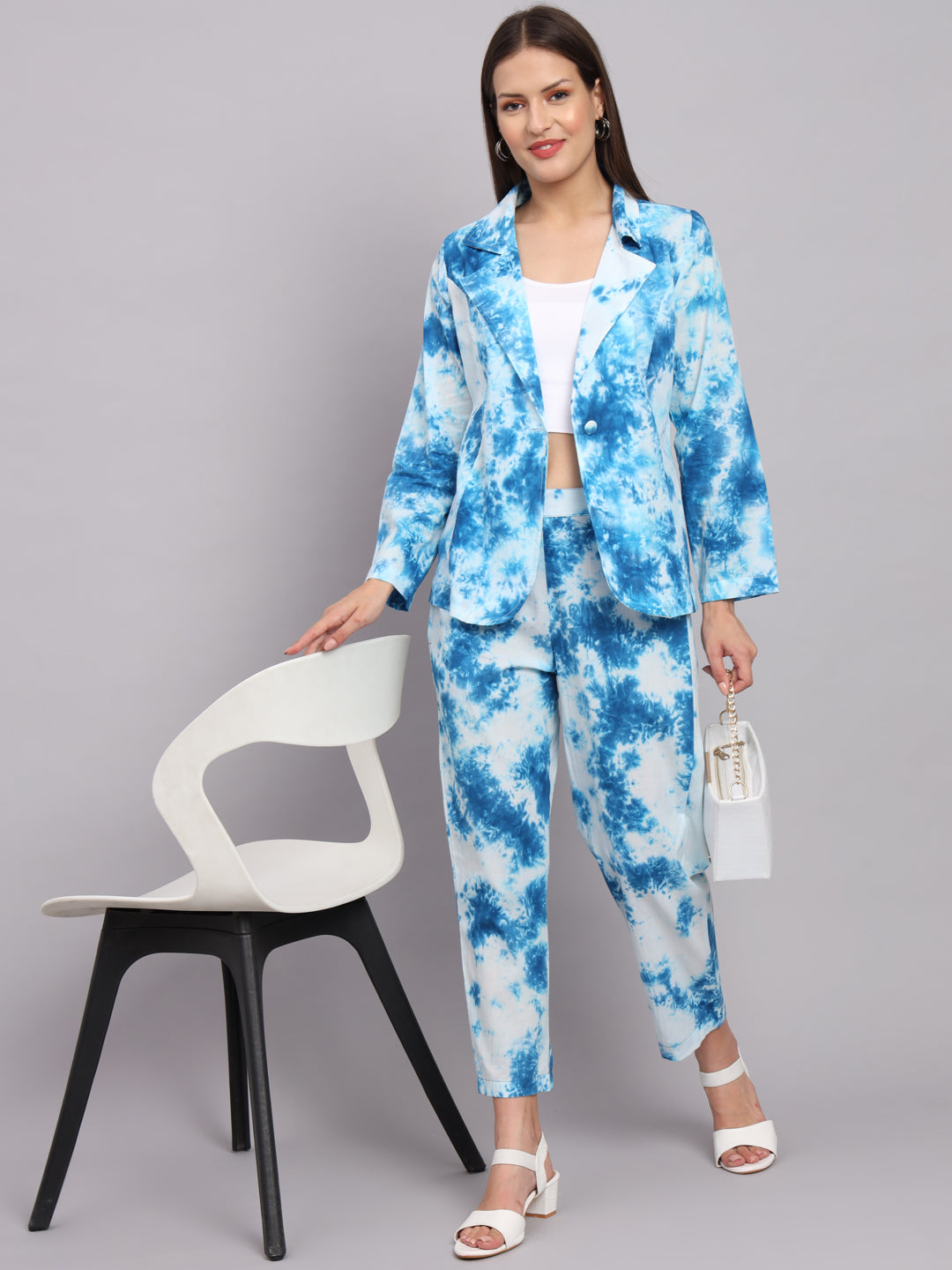 Blue Cotton Tai and Dye Print Blazer Set