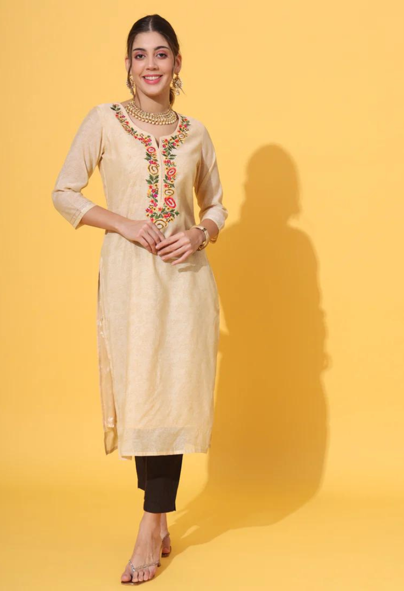 Cream Embroidered Chanderi Kurta