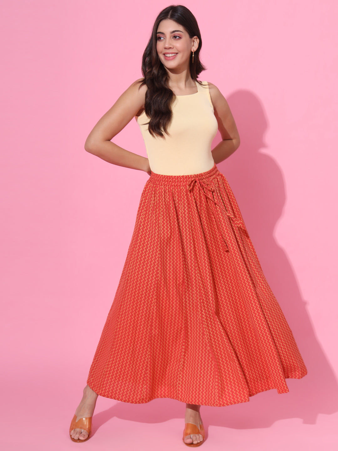 Bagru Red Chevron Flared Skirt