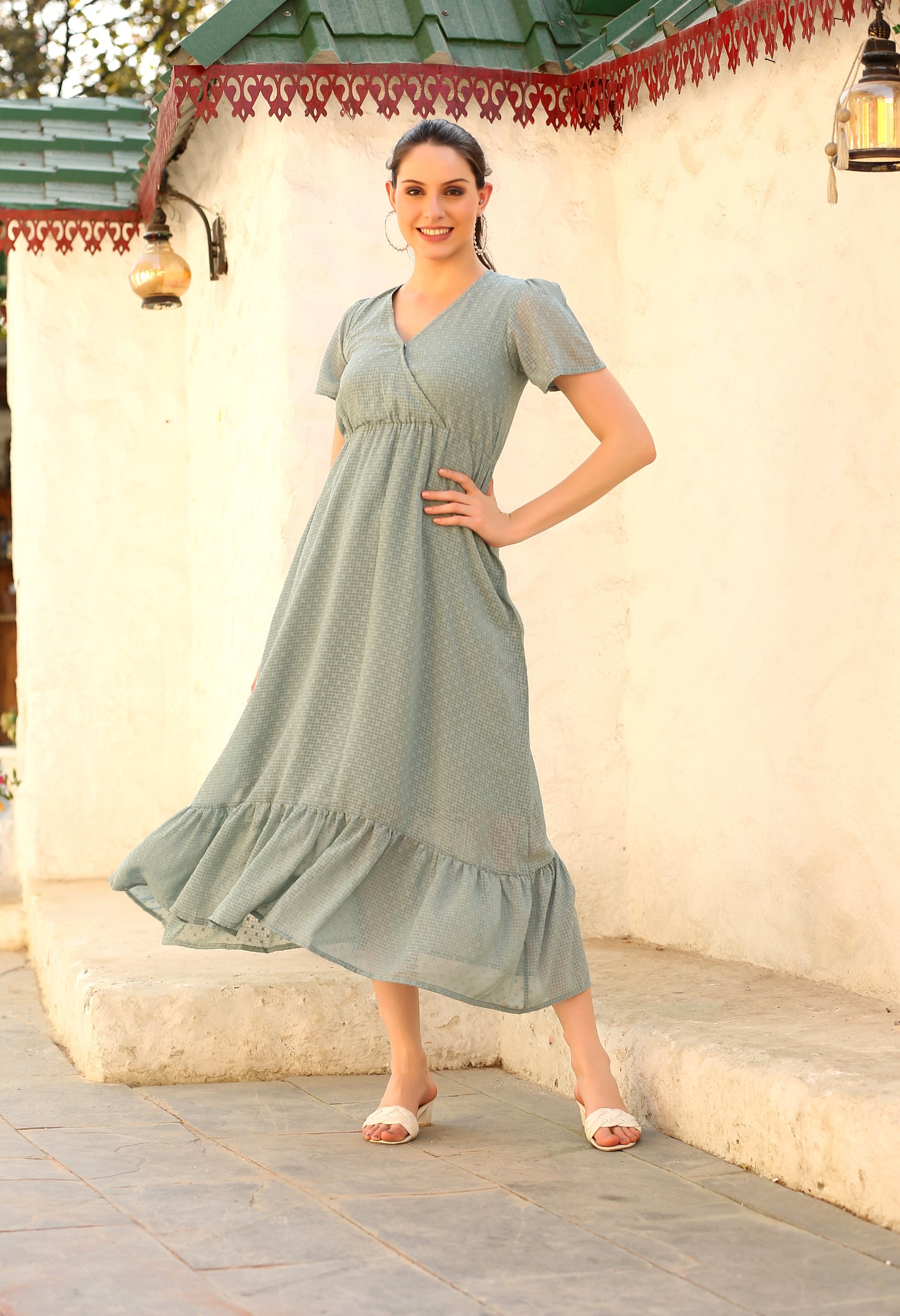 Green Georgette A-line Dress