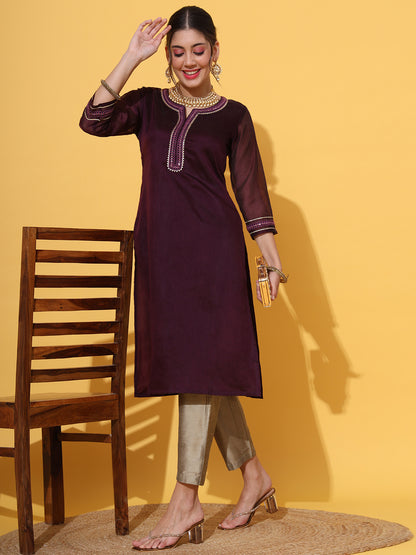 Wine Chanderi Straight Kurta Pant Set