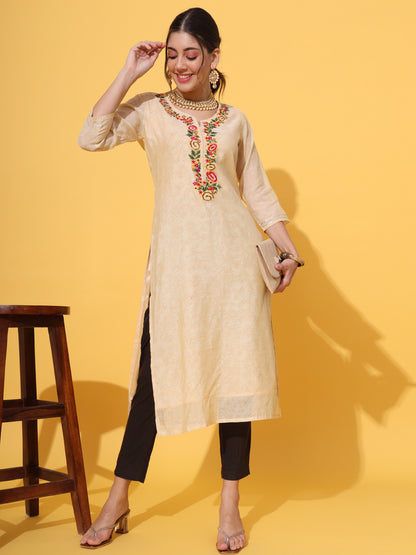 Cream Embroidered Chanderi Kurta