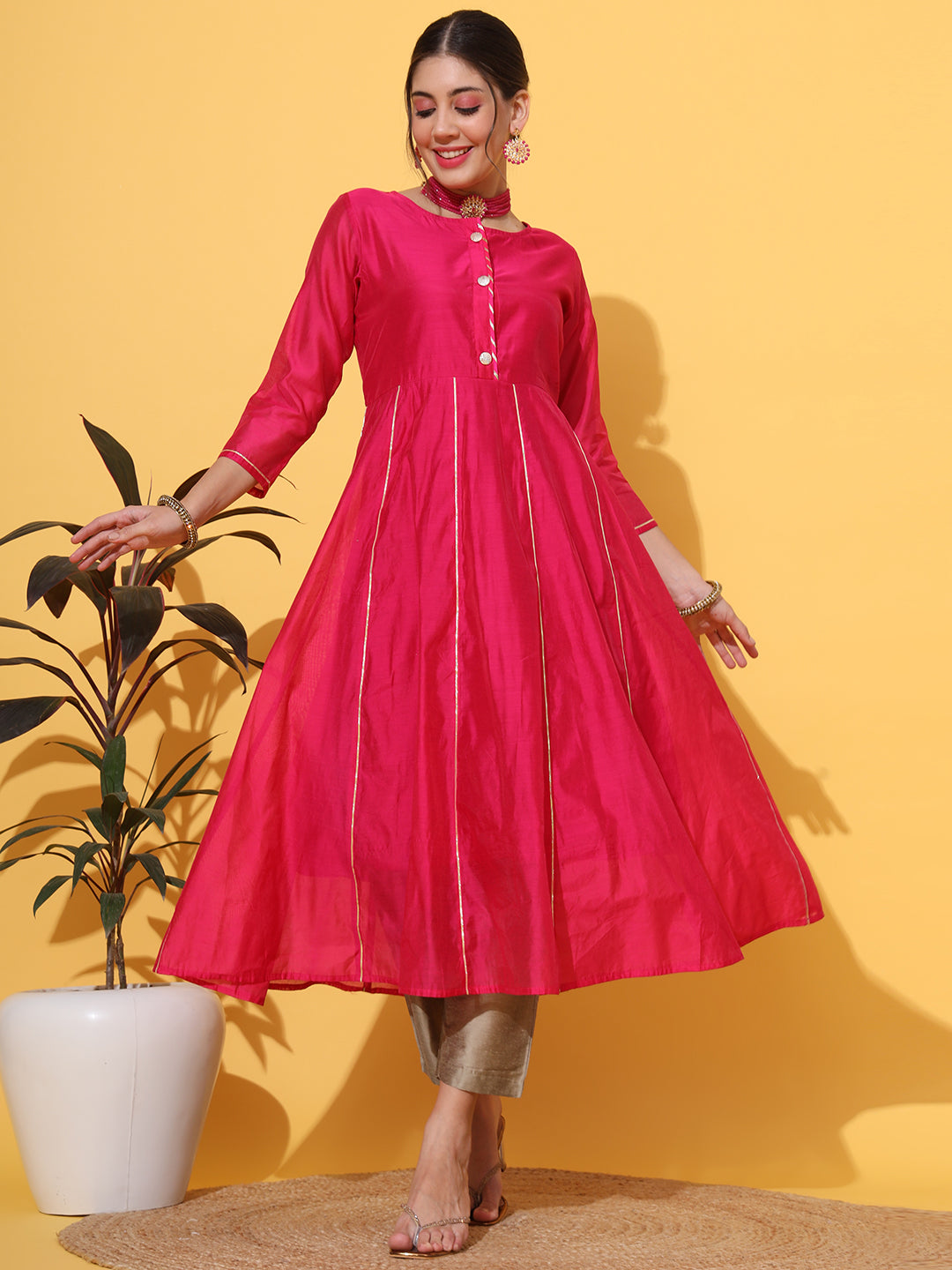 Magenta Anarkali Gotta Chanderi Kurta Pant Set