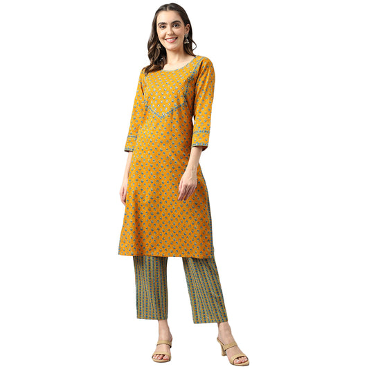 Cotton Mustard Print With Sequence Ethnic Suit Set