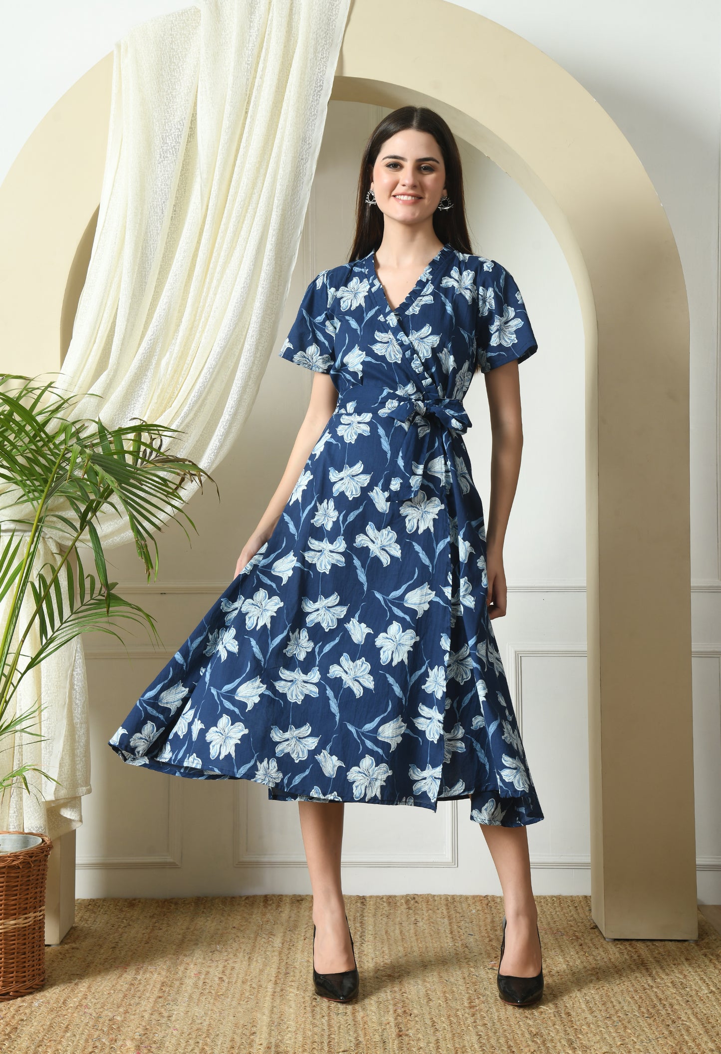 Indigo Floral Wrap Dress