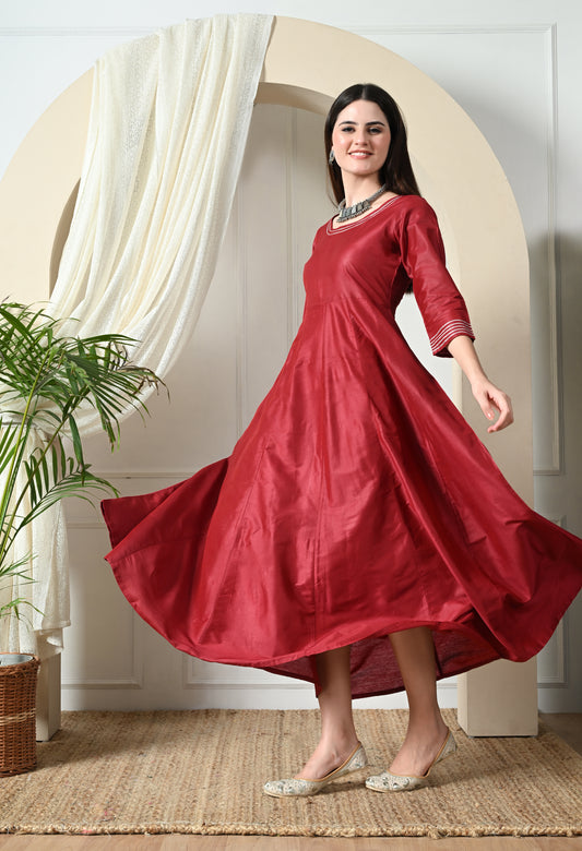 Maroon Cotton Silk Gown Dress