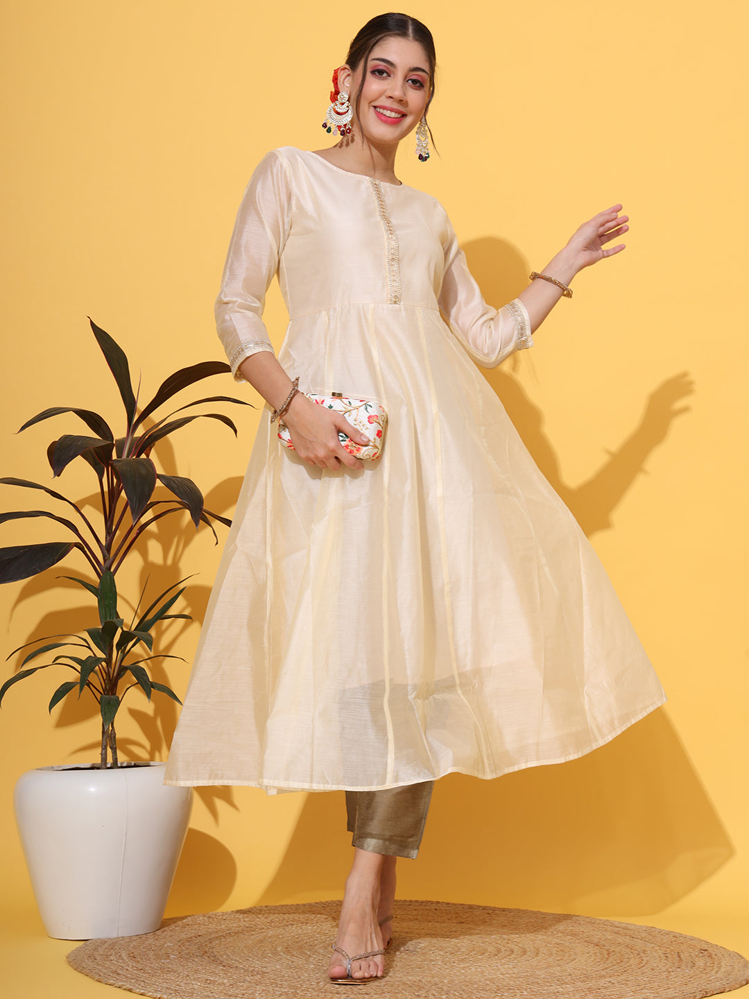 Cream Chanderi Anarkali Kurta