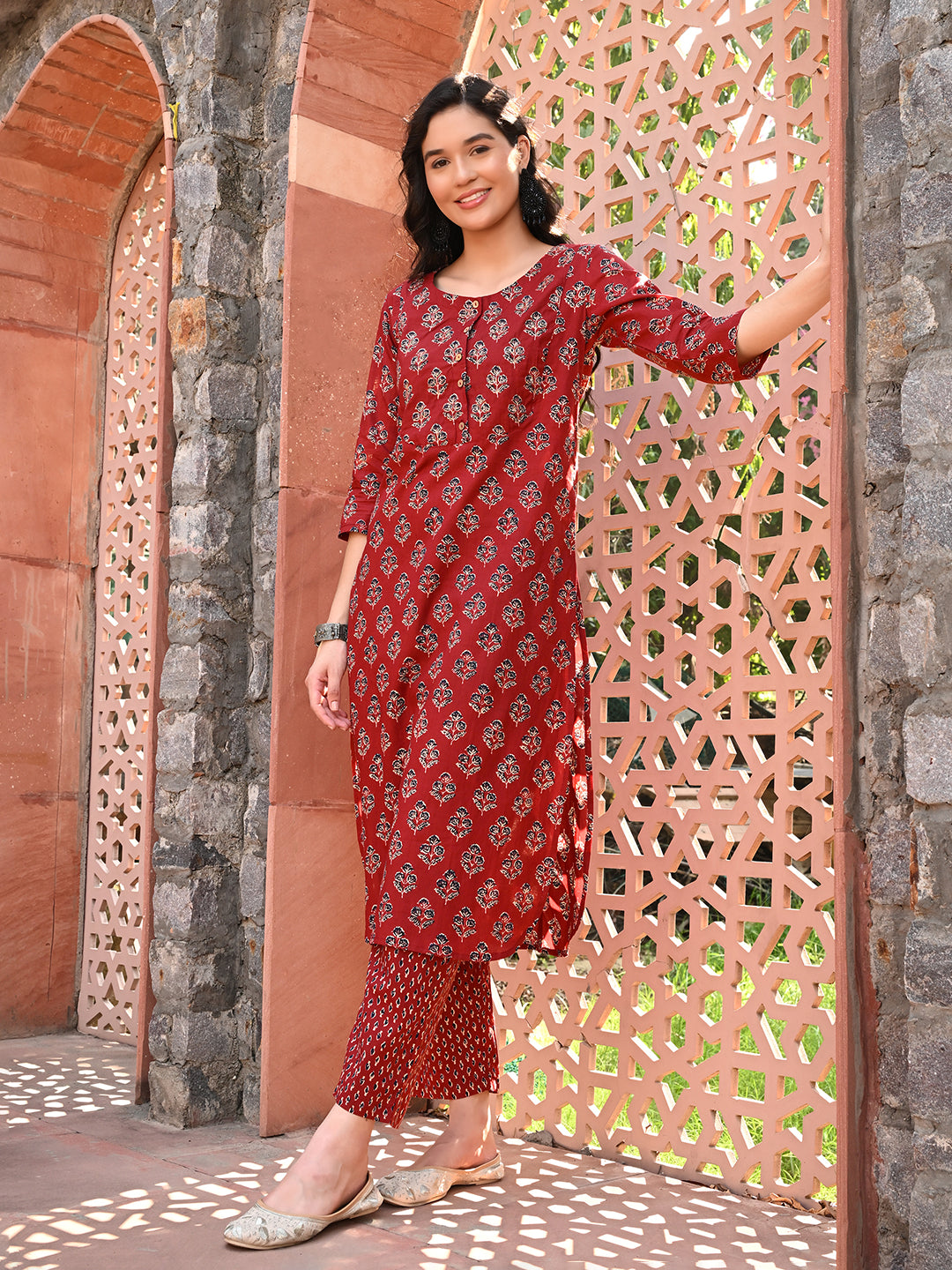 Maroon Embroidered A-line Kurta Pant Set