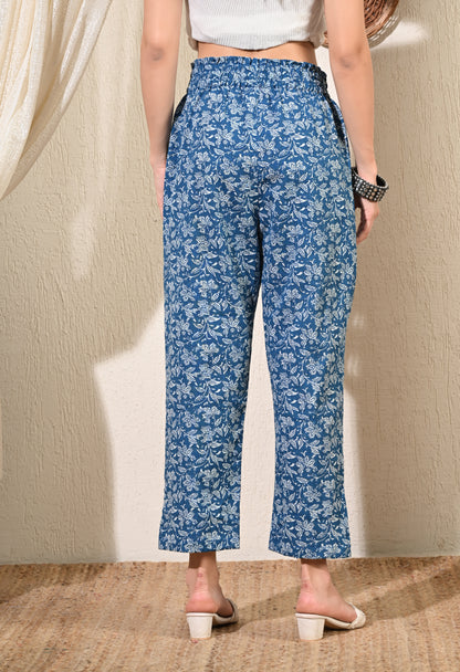 Blue Cotton Ankle Pants