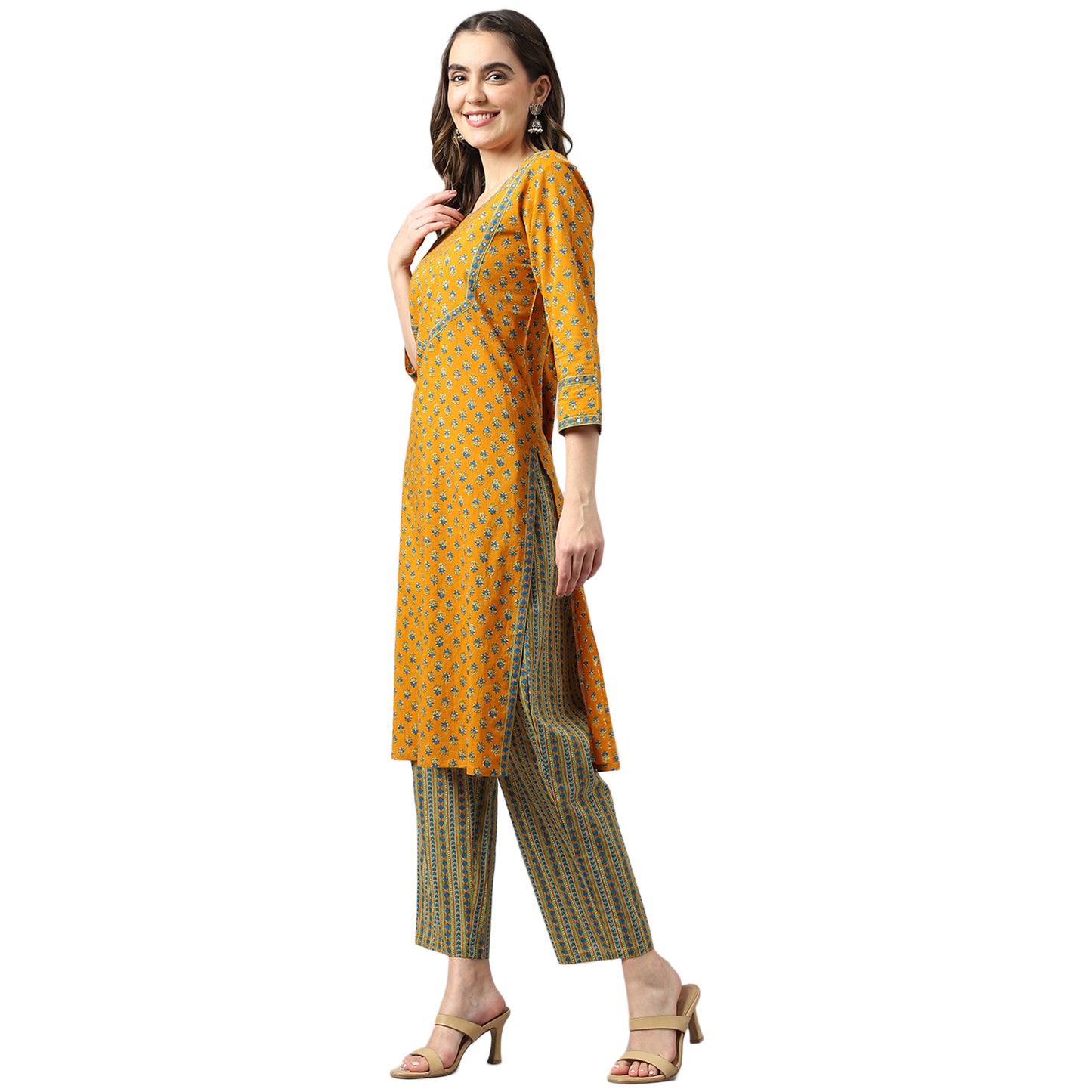 Cotton Mustard Print With Sequence Ethnic Suit Set