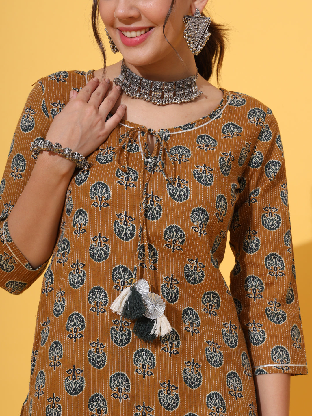 Mustard Motif Kantha Kurta