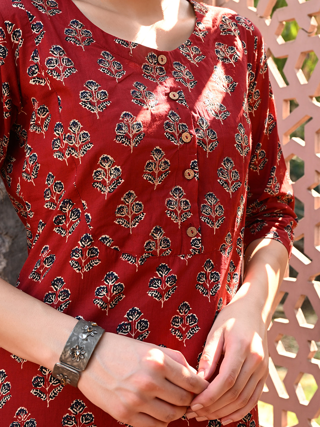 Maroon Embroidered A-line Kurta Pant Set