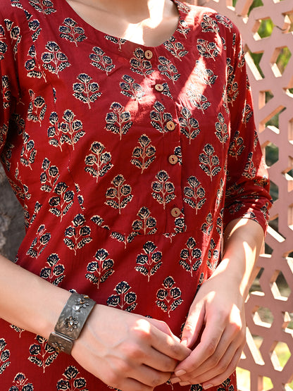 Maroon Embroidered A-line Kurta Pant Set