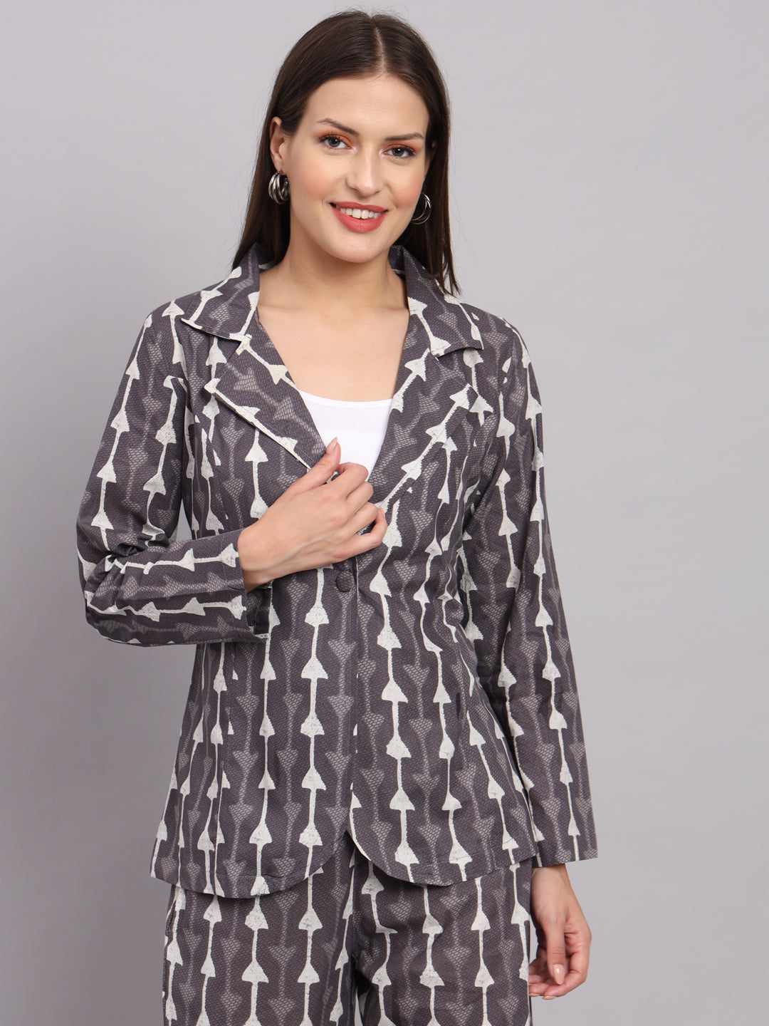 Grey Cotton Print Blazer Set