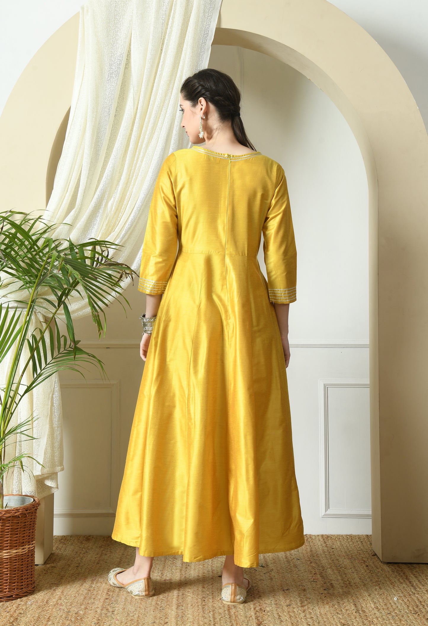 Yellow Cotton Silk Gown Dress