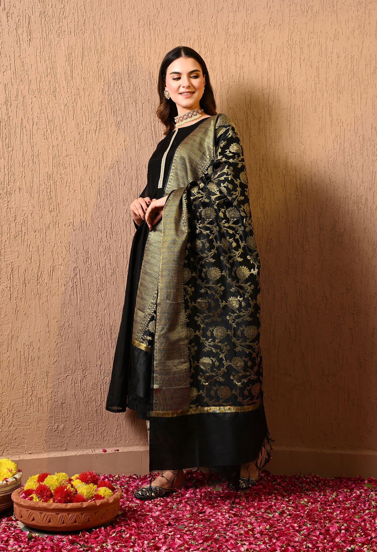 Black Chanderi Kurta Pant Dupatta Set