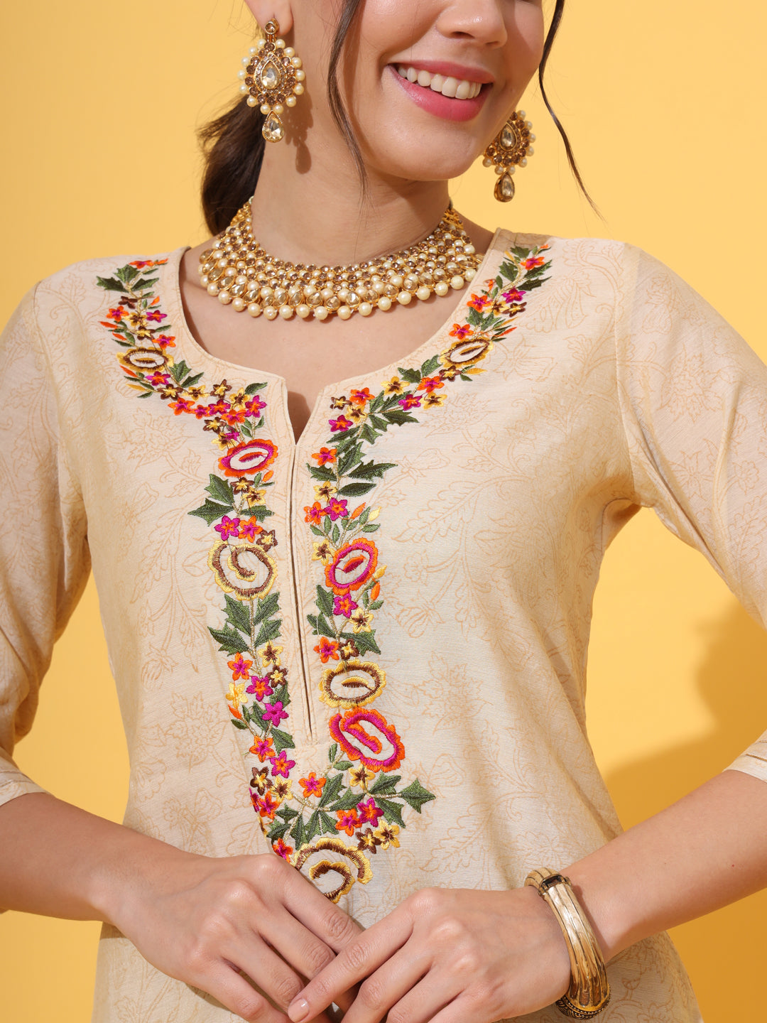 Cream Embroidered Chanderi Kurta