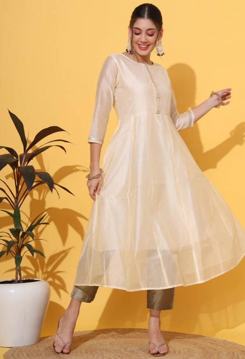 Cream Chanderi Anarkali Kurta