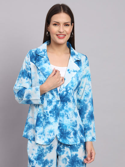 Blue Cotton Tai and Dye Print Blazer Set