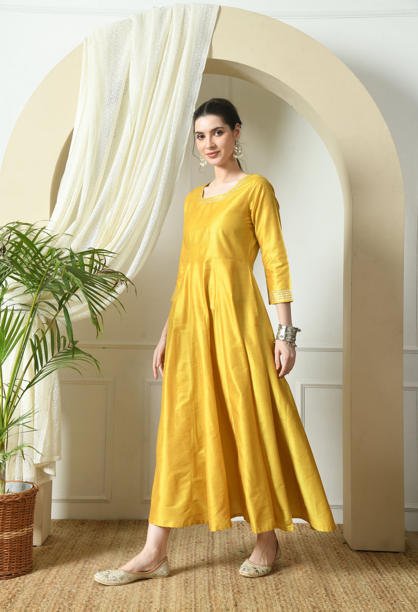 Yellow Cotton Silk Gown Dress