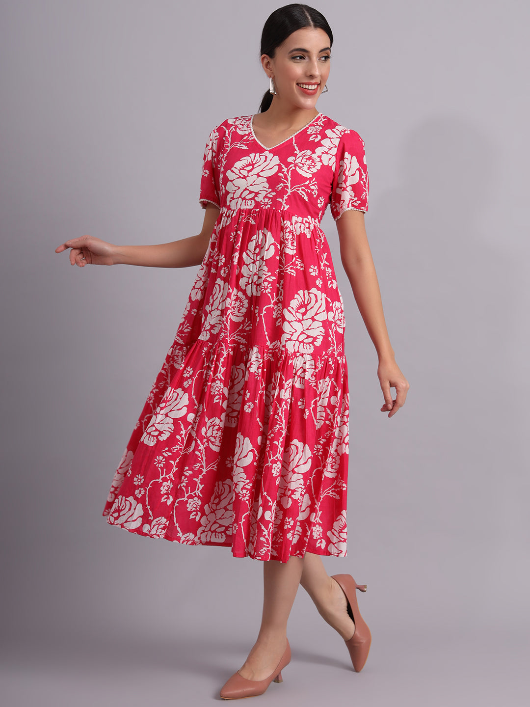 Floral Printed V-Neck Gathered Cotton Empire Midi Dress