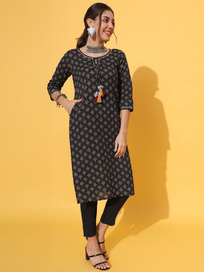 Black Bagru Kantha Kurta