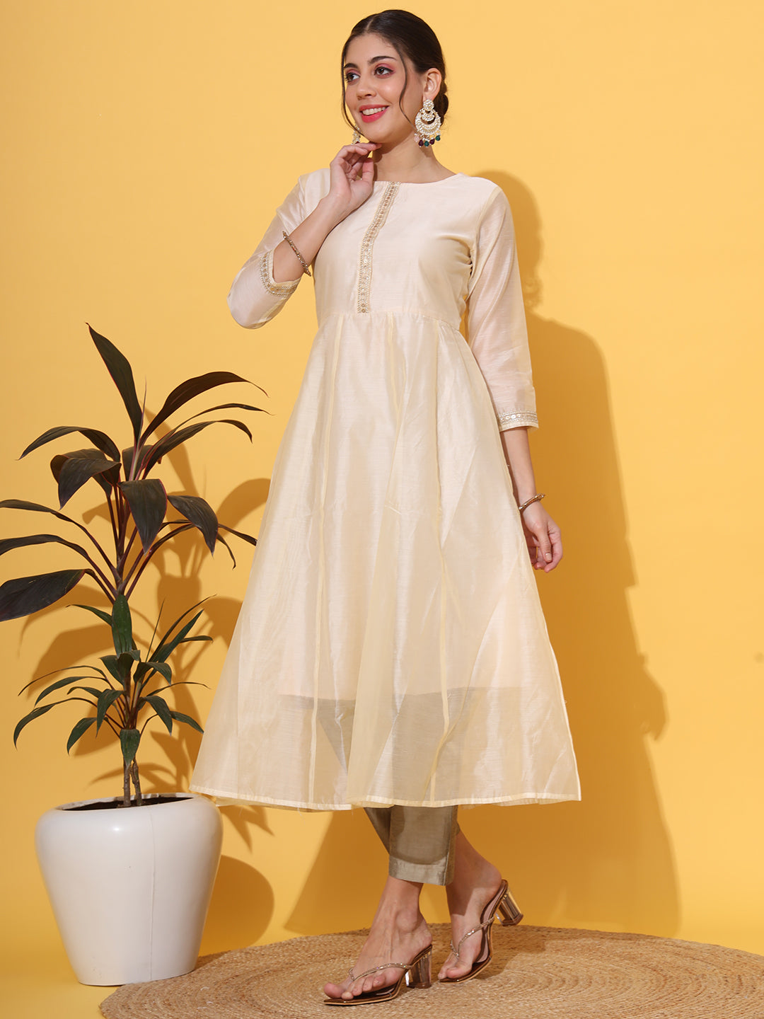 Cream Chanderi Anarkali Kurta