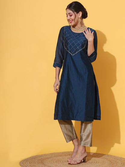 Navy Chanderi Straight Kurta Pant Set