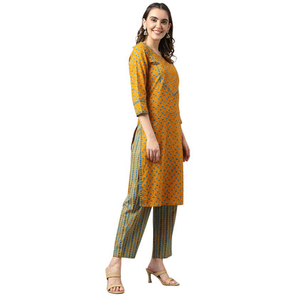 Cotton Mustard Print With Sequence Ethnic Suit Set