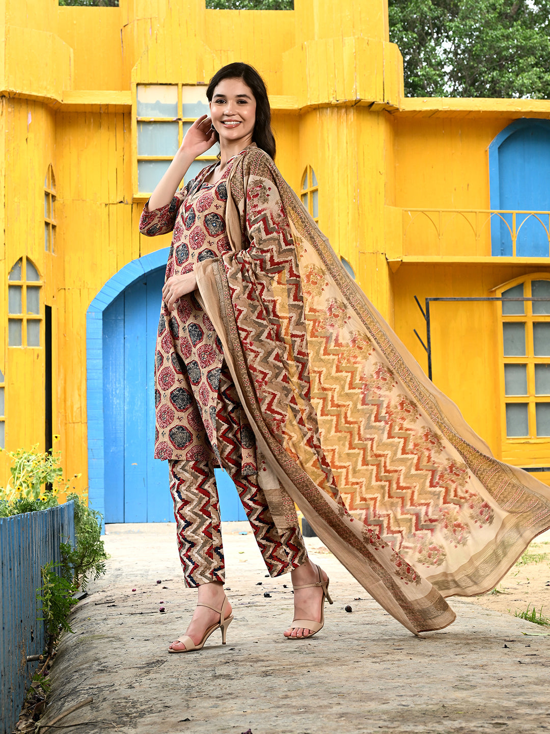 Ethnic Cotton Straight Kurta Pant Dupatta Set