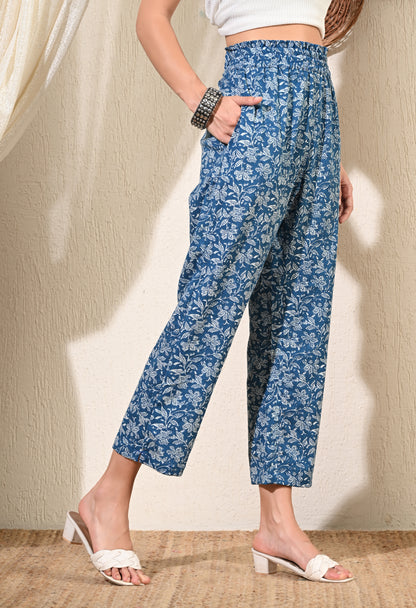 Blue Cotton Ankle Pants