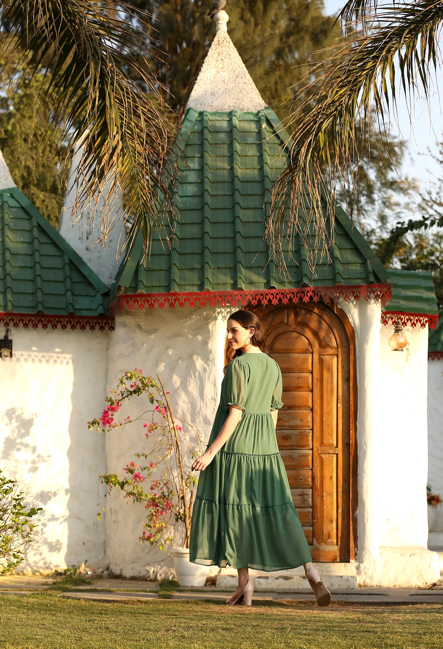 Green Georgette Flared Dress