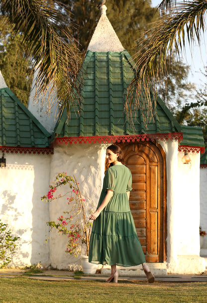 Green Georgette Flared Dress