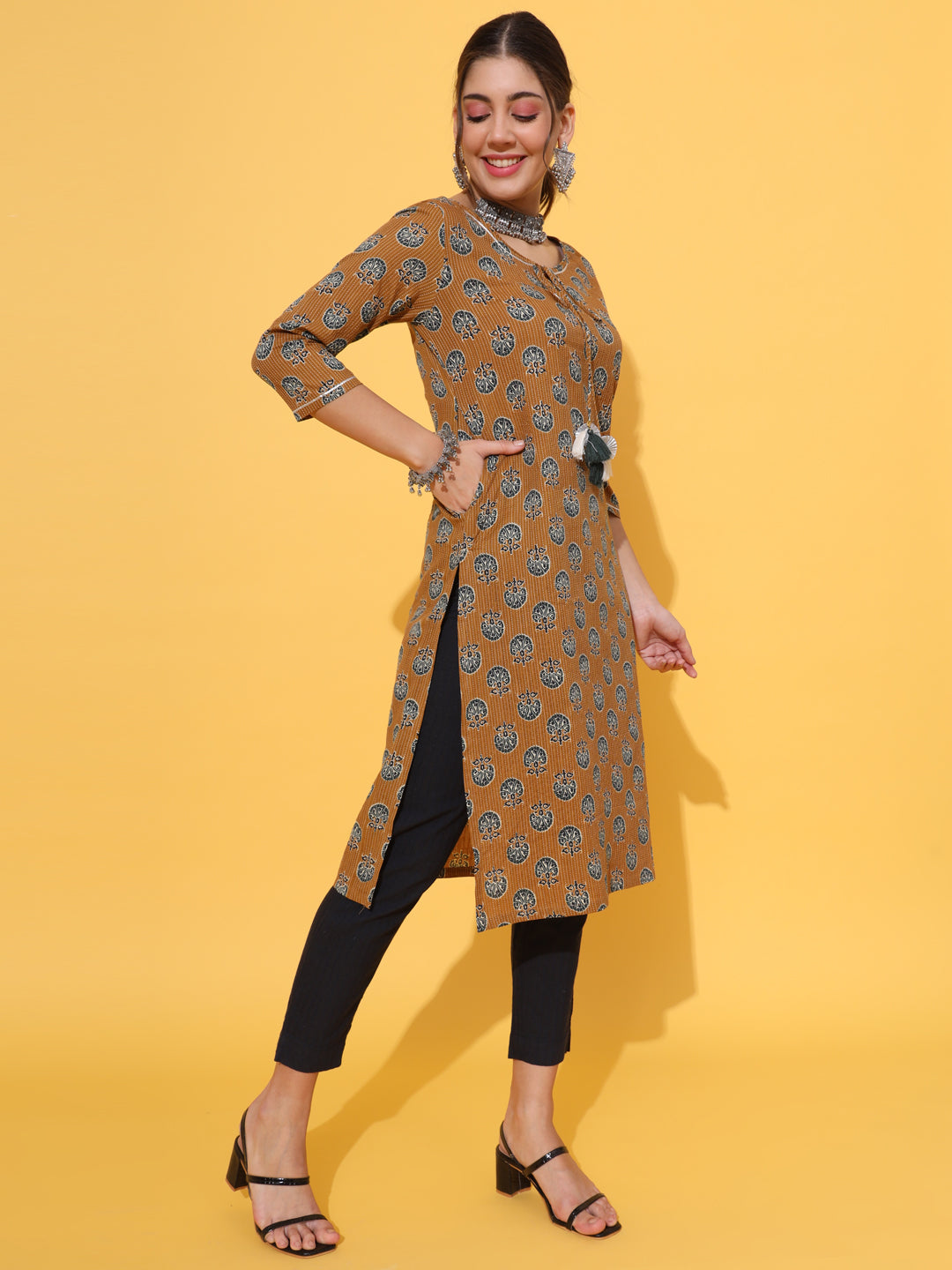 Mustard Motif Kantha Kurta