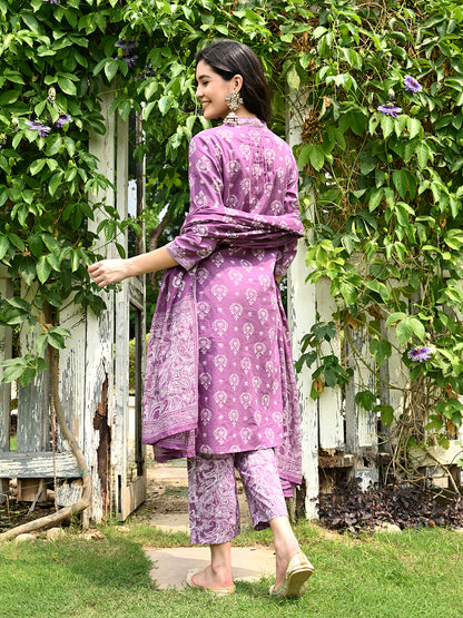 Purple Embroidered Kurta pant Dupatta Set