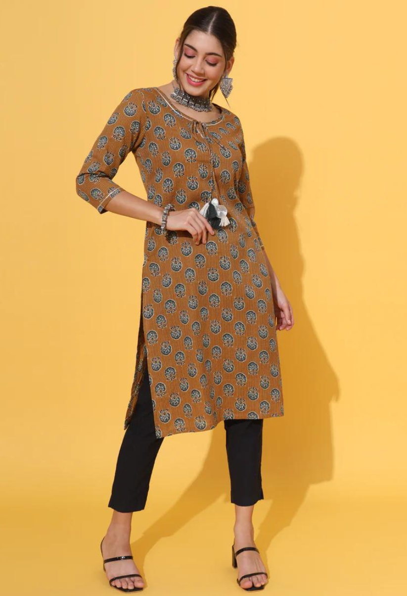 Mustard Motif Kantha Kurta