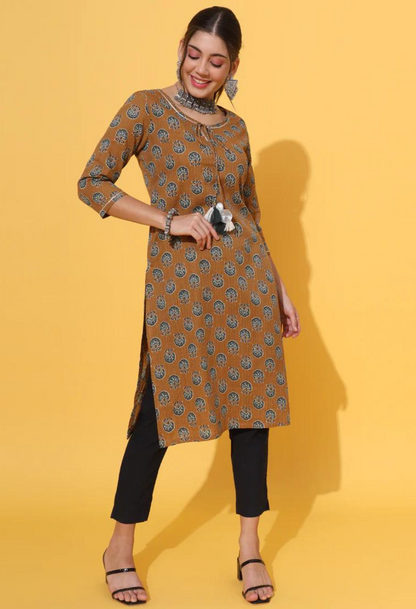 Mustard Motif Kantha Kurta