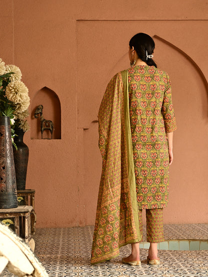 Green Floral Cotton Straight Kurta Pant Dupatta Set