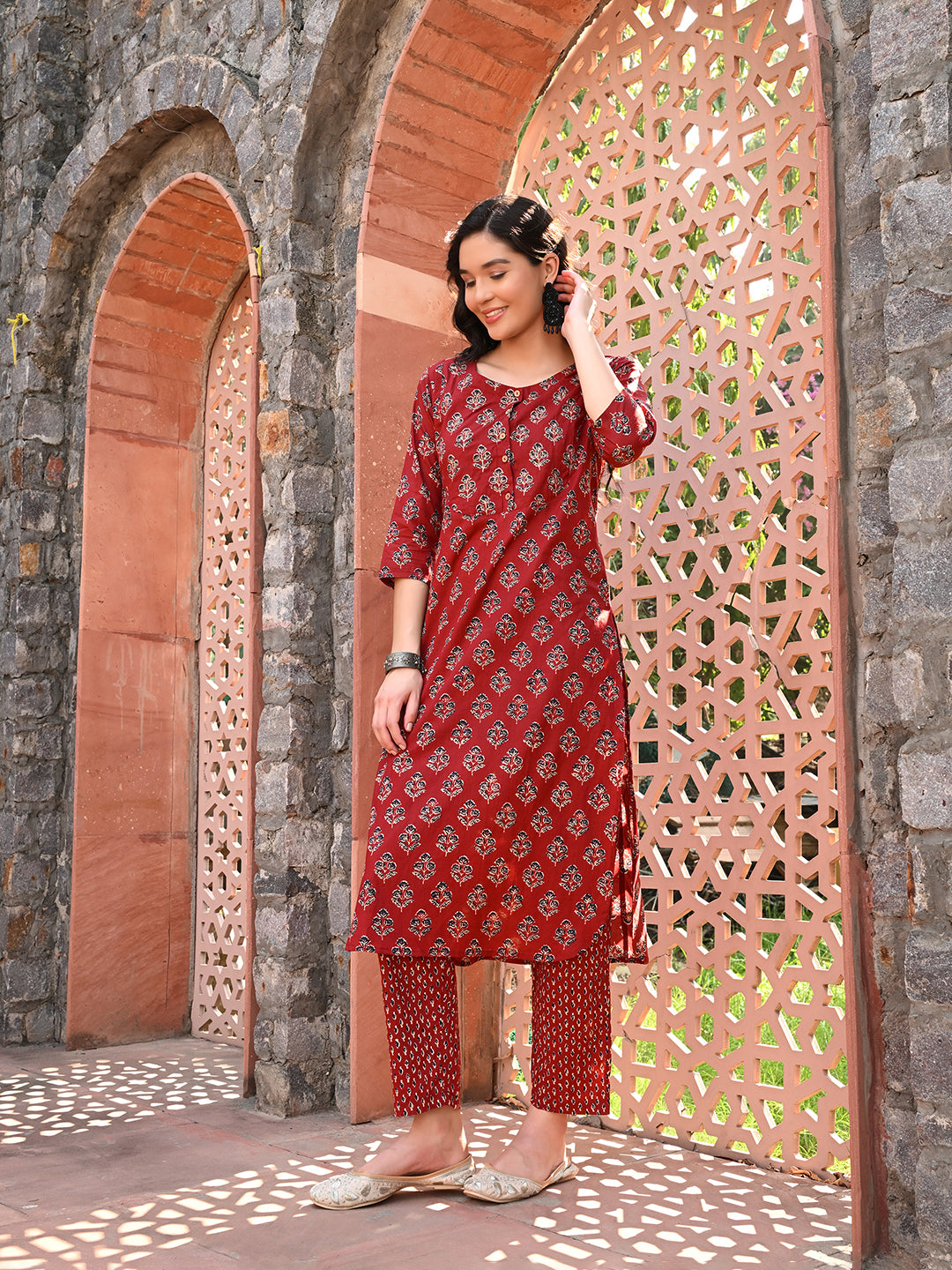 Maroon Embroidered A-line Kurta Pant Set