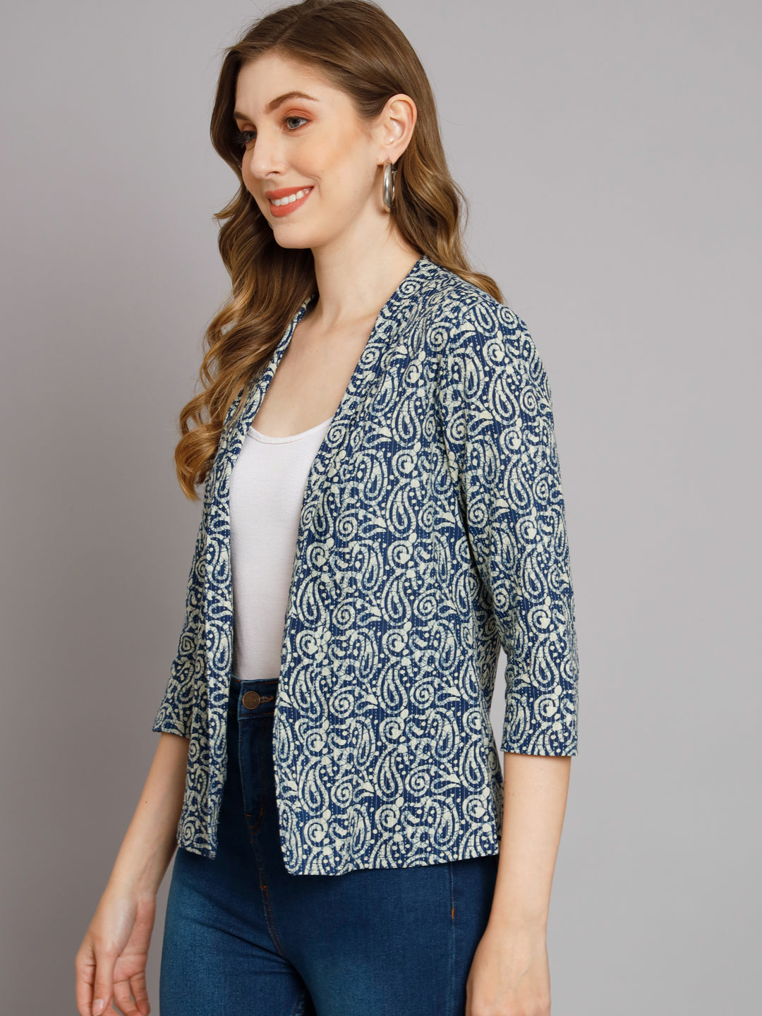 Indigo And White Ethnic Motif Kantha Print Cotton Regular Shrug