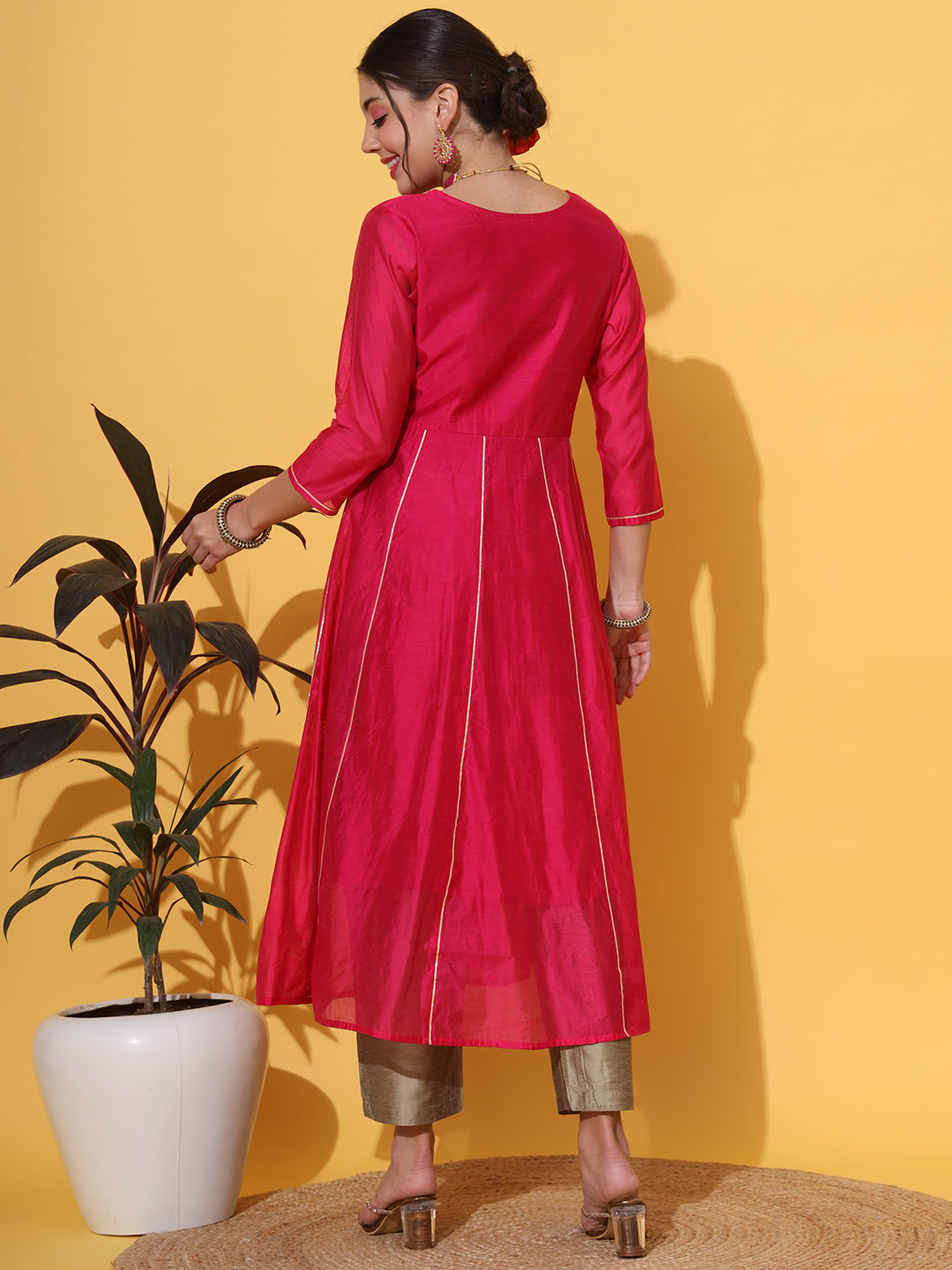 Magenta Anarkali Gotta Chanderi Kurta Pant Set