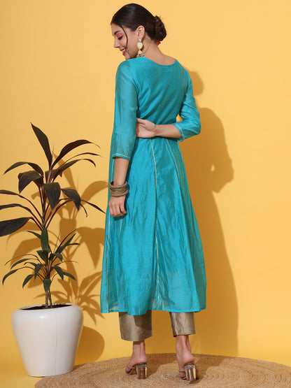 Turquoise Chanderi Anarkali Kurta