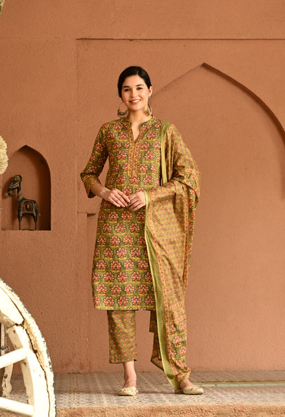 Green Floral Cotton Straight Kurta Pant Dupatta Set