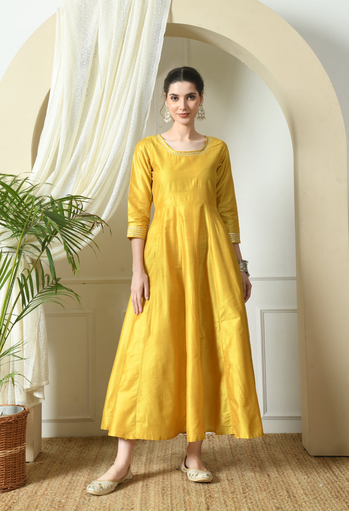 Yellow Cotton Silk Gown Dress