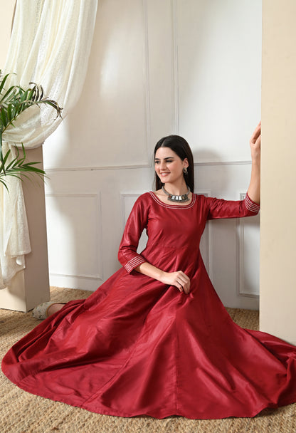 Maroon Cotton Silk Gown Dress